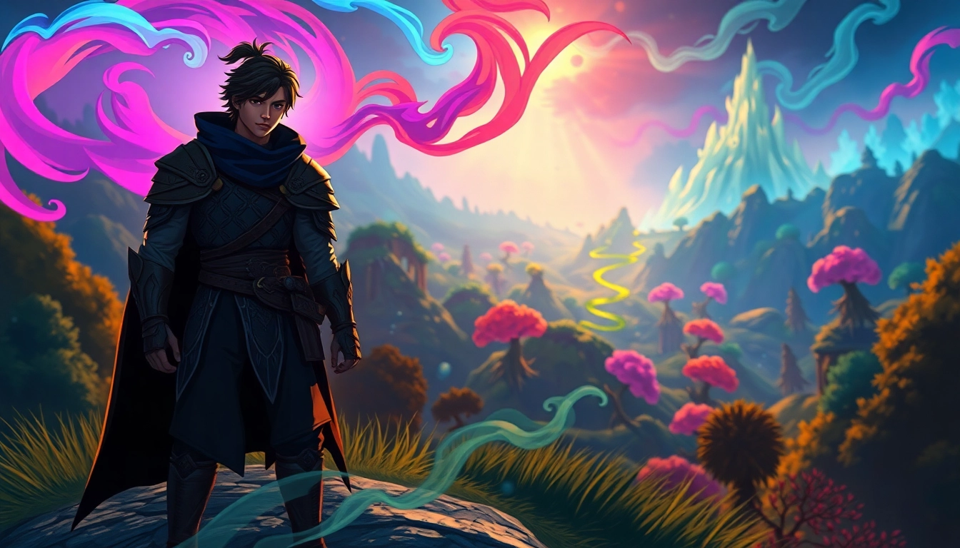 Capture the essence of the yono game with a heroic character in a magical landscape.