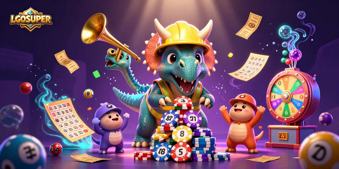 Engage with captivating LGOSUPER excitement as a triceratops builds poker chips amidst dynamic gambling elements.
