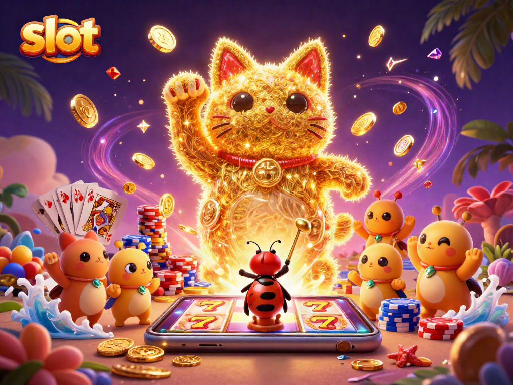 Engaging slot scene featuring a lucky cat and fireflies, promoting thrilling casino gameplay.