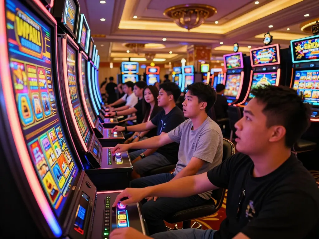 Engaging slot gacor gameplay scene with players at colorful machines in a lively casino atmosphere