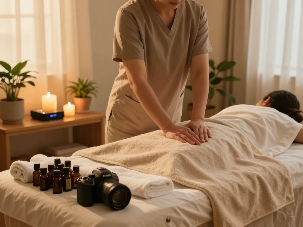 Relaxing atmosphere for 출장마사지 therapy with soft lighting and essential oils.