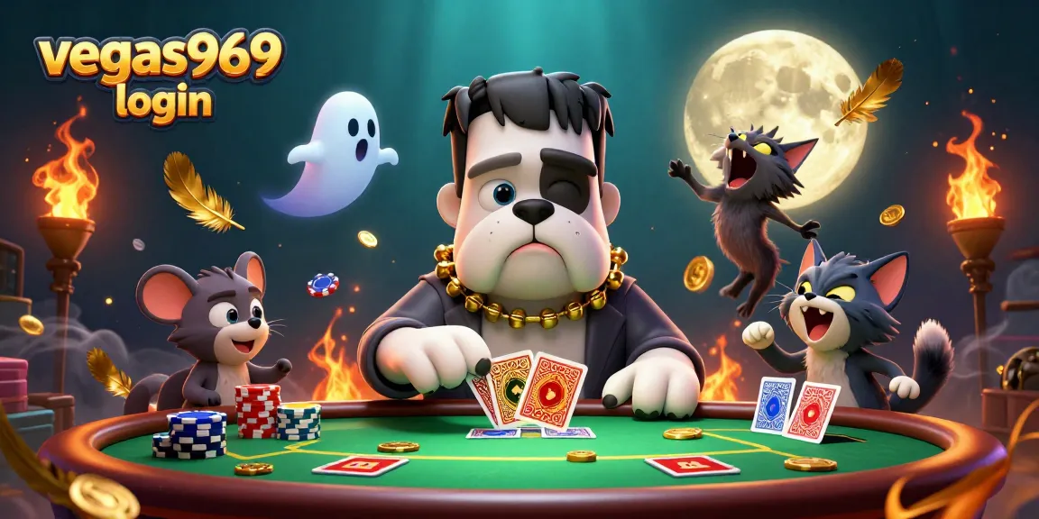 Play at vegas969 login with the Frankenstein bulldog monster dealing cards at a haunted casino table.