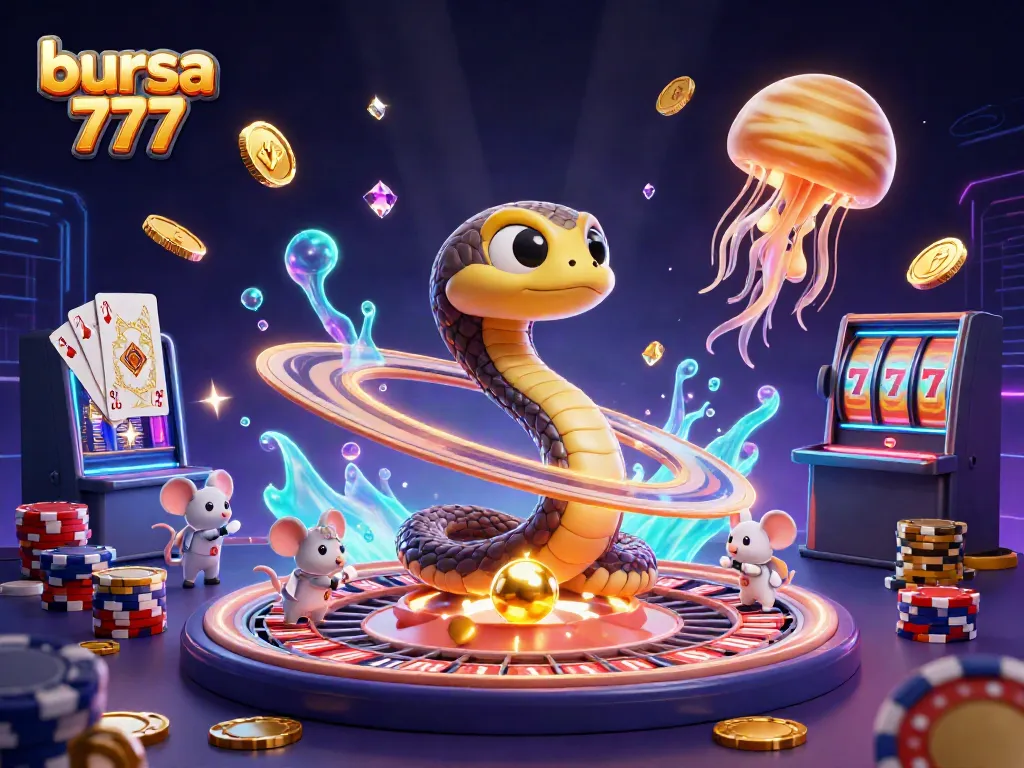 Bermain di bursa 777 dengan simbol slot menguntungkan dan koin emas yang berhamburan.