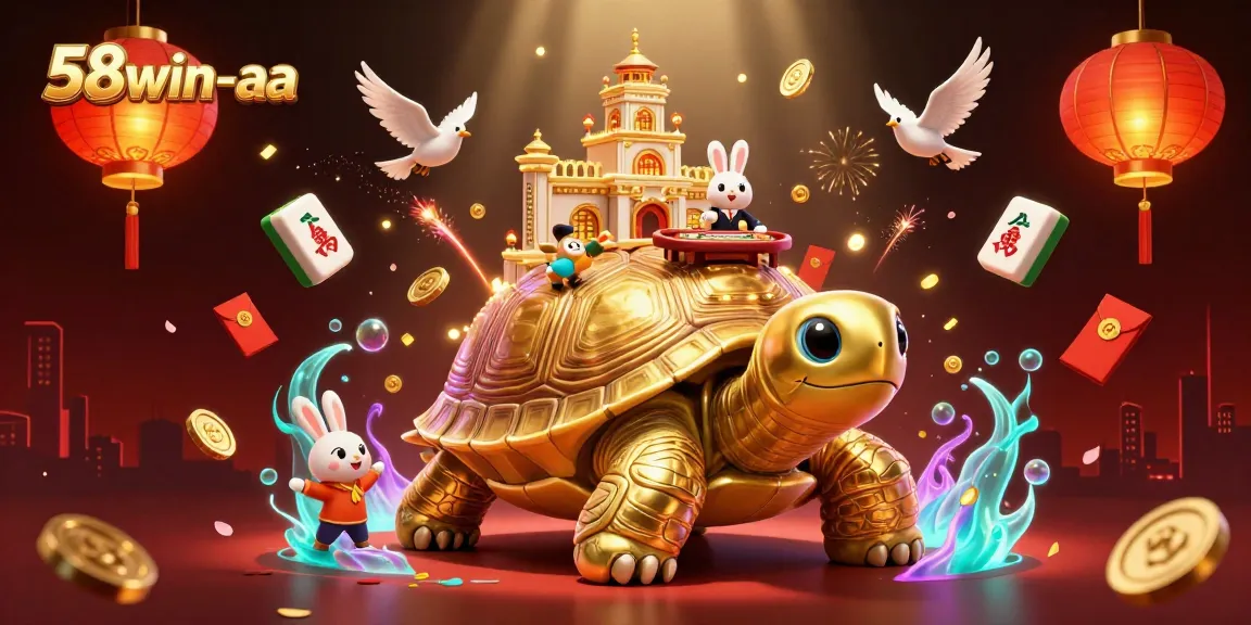 Engage with thrilling action at 58win-aa featuring a unique cartoon casino scene with golden tortoise and lively elements.