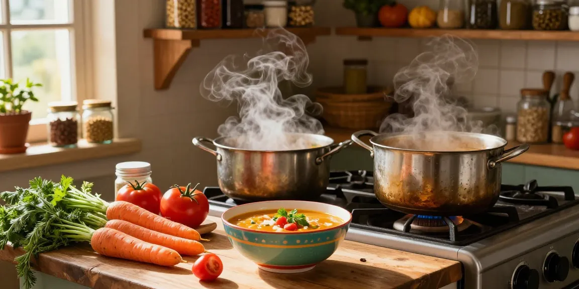 Leckere vegane Suppen, die in einer gemütlichen Küche mit frischen Zutaten und warmem Sonnenlicht zubereitet werden.