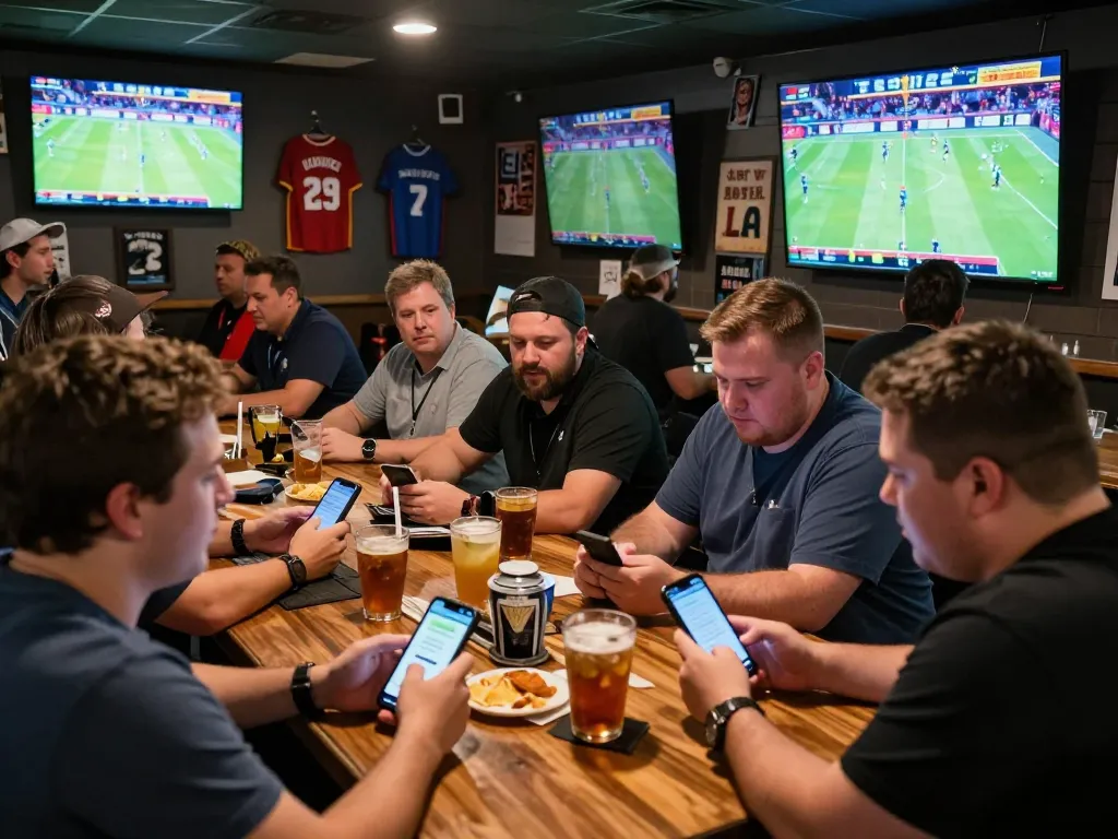 Excitement at muraibet sports betting with patrons placing mobile bets in a lively bar.