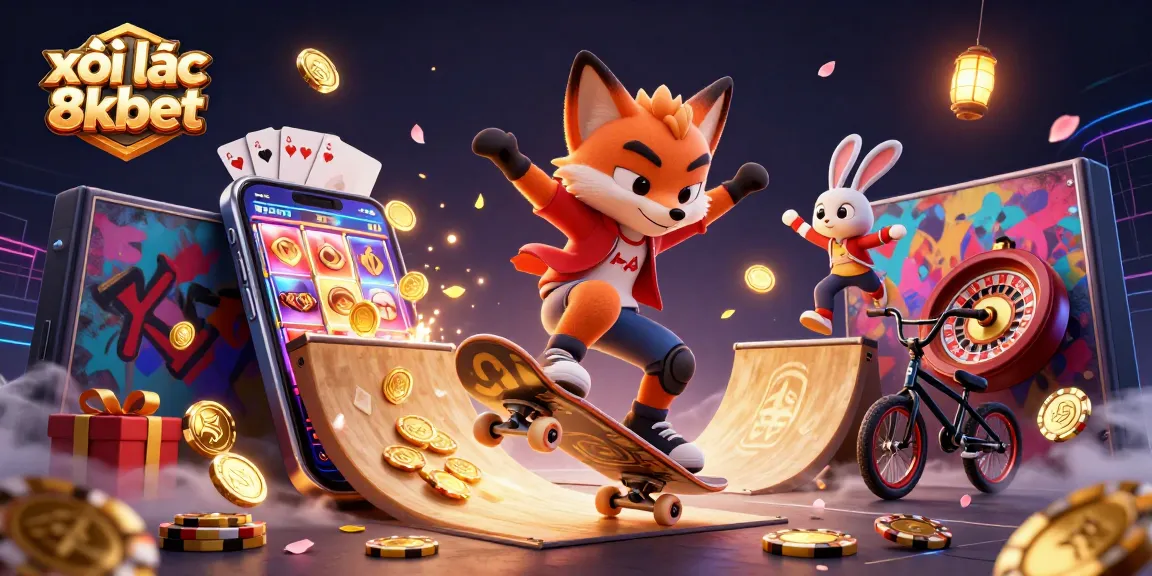 xôi lạc 8xbet showcases an exciting 3D cartoon scene of gambling fun with animated characters and vibrant casino elements.