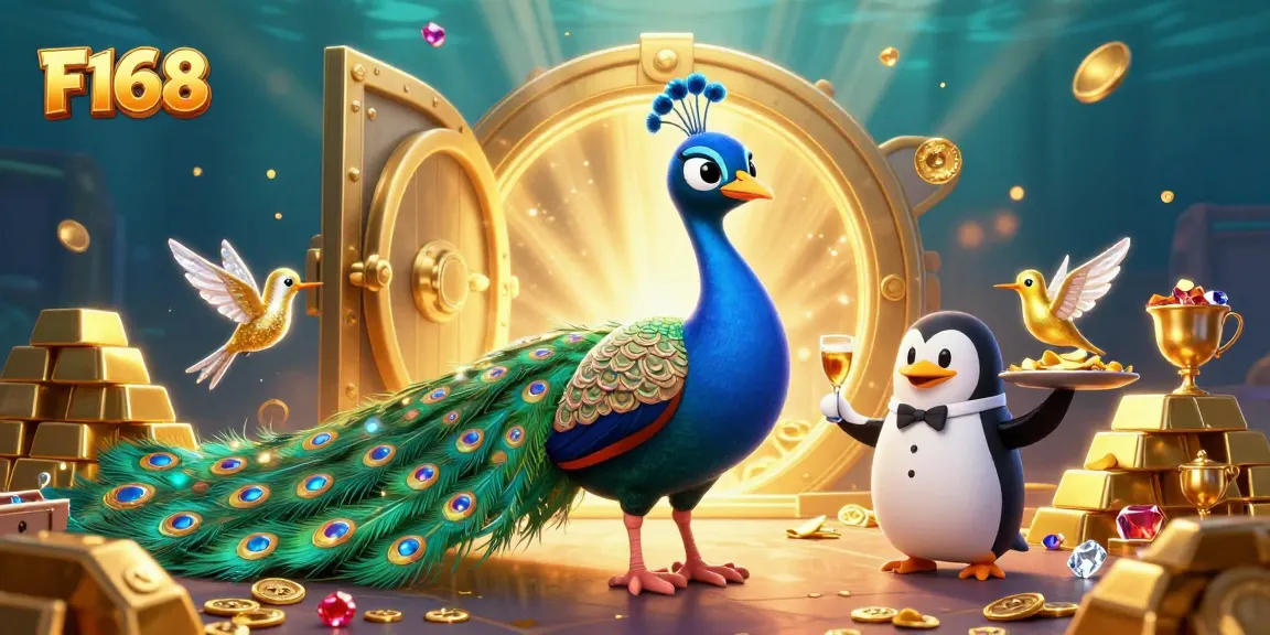 Experience the thrilling world of F168 with a vibrant 3D illustration showcasing a peacock, penguin, and hummingbird amidst golden treasures and gaming elements.