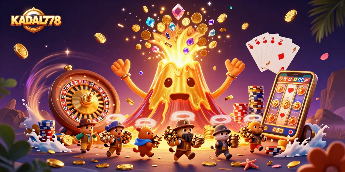 KADAL778 shows a vibrant casino scene featuring a golden volcano eruption, treasure, and dynamic casino elements.
