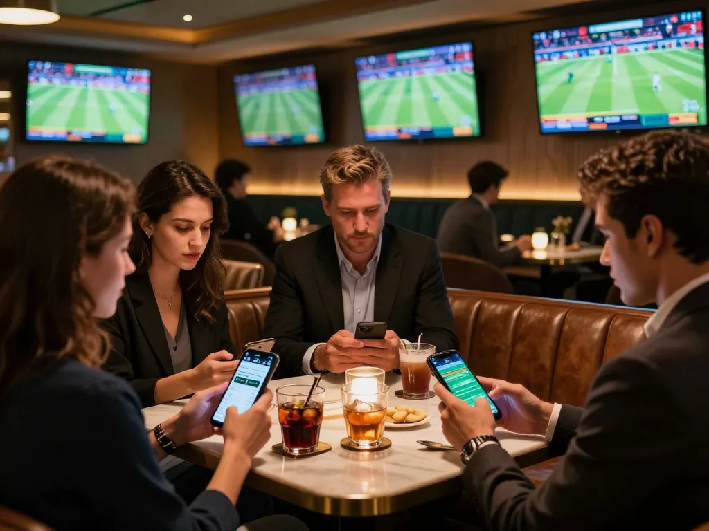 Experience sports betting excitement at Fabet with friends analyzing game stats on smartphones.