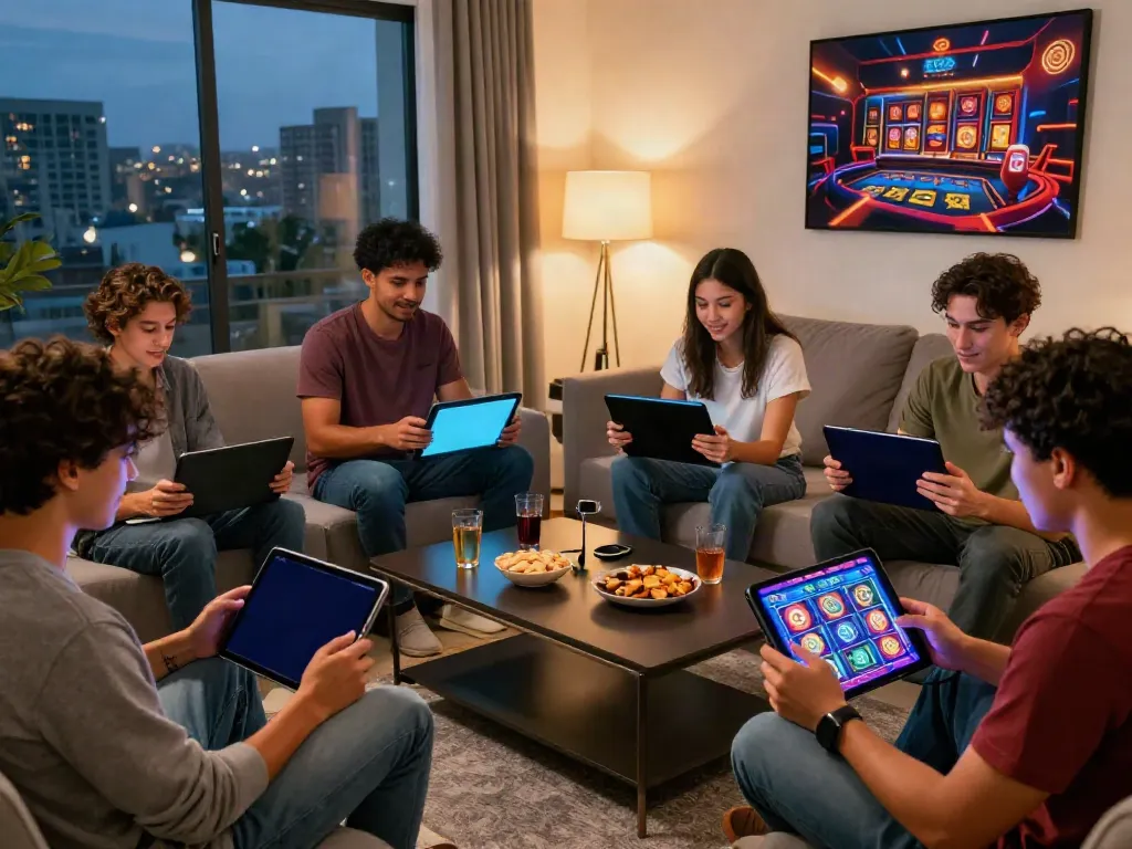 Friends enjoying an engaging slot game night at home with interactive devices.