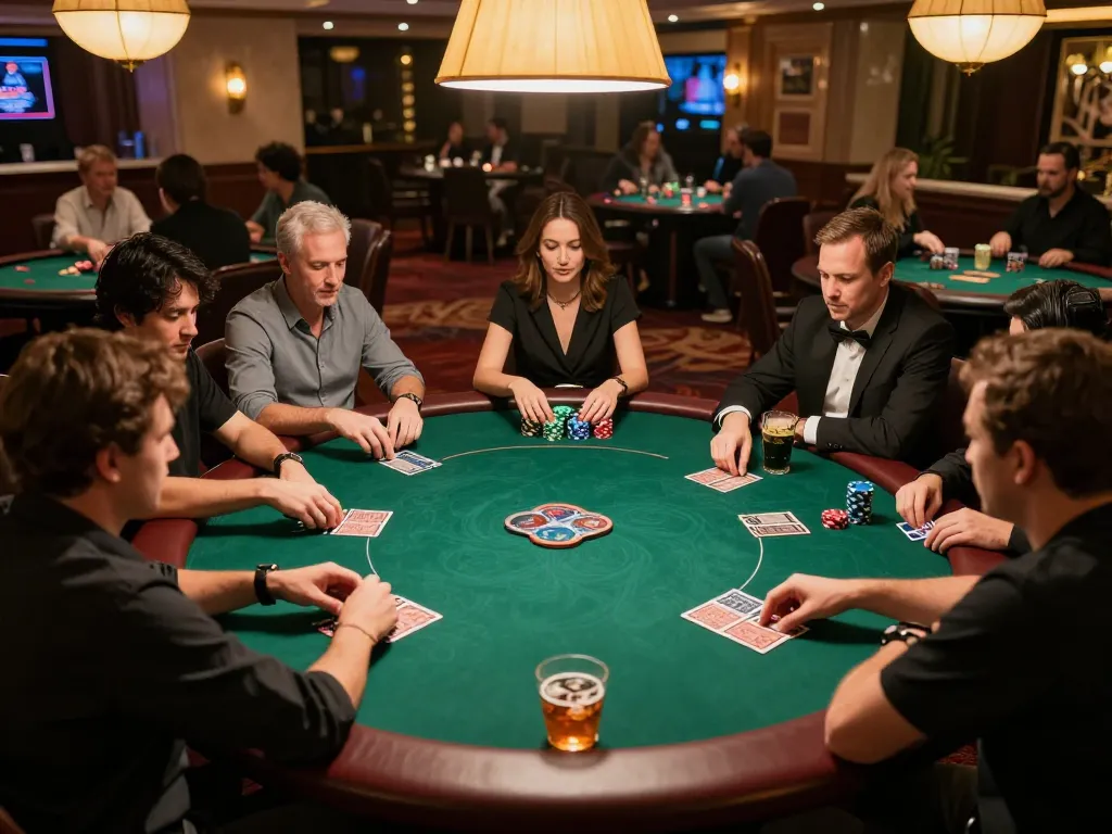 Winning hand in 789 club poker game, players engaged in exciting action during casino night.