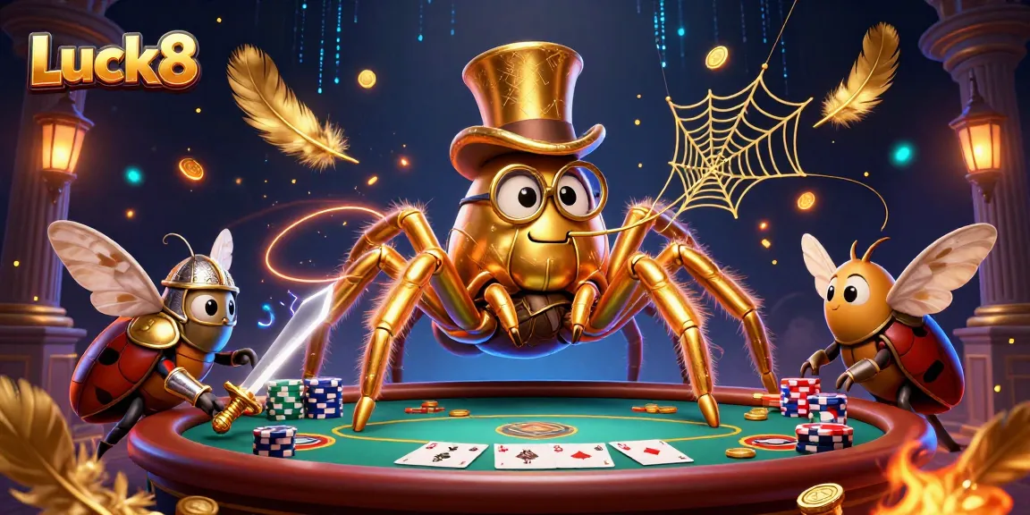 Experience thrilling gameplay at Luck8 with a golden tarantula and beetle knight amidst poker elements.