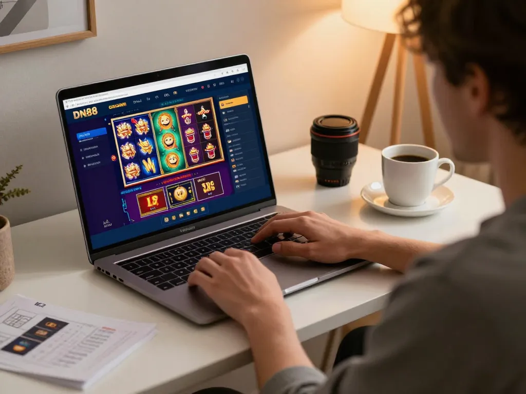 Player enjoying DN88 online casino gaming on a laptop in a cozy home setting.