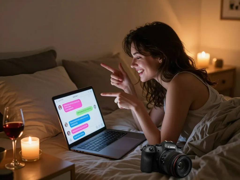 Couple engaging in an intimate NSFW chat on a cozy bedroom laptop.