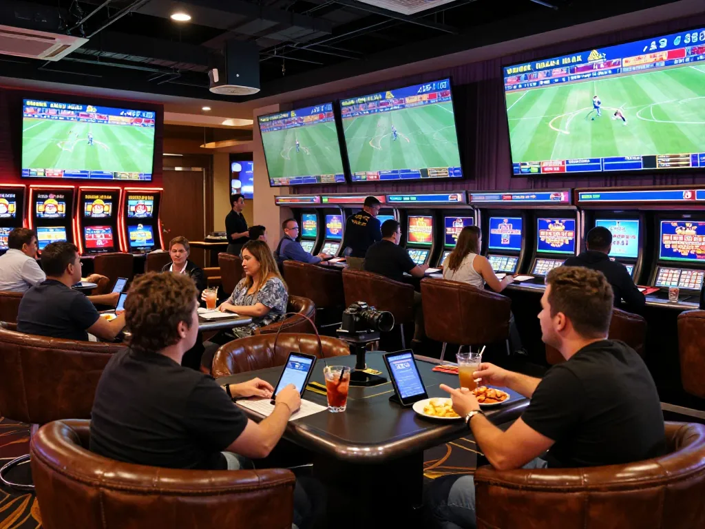 Patrons placing bets at the upscale sports betting lounge in Tylekeonhacai88, capturing the gaming excitement.