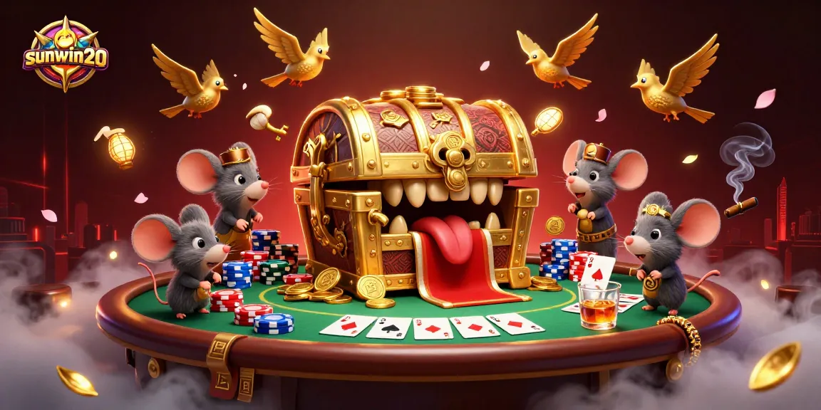 Bet big and win with sunwin20 at a vibrant poker table in an enchanting casino illustration.