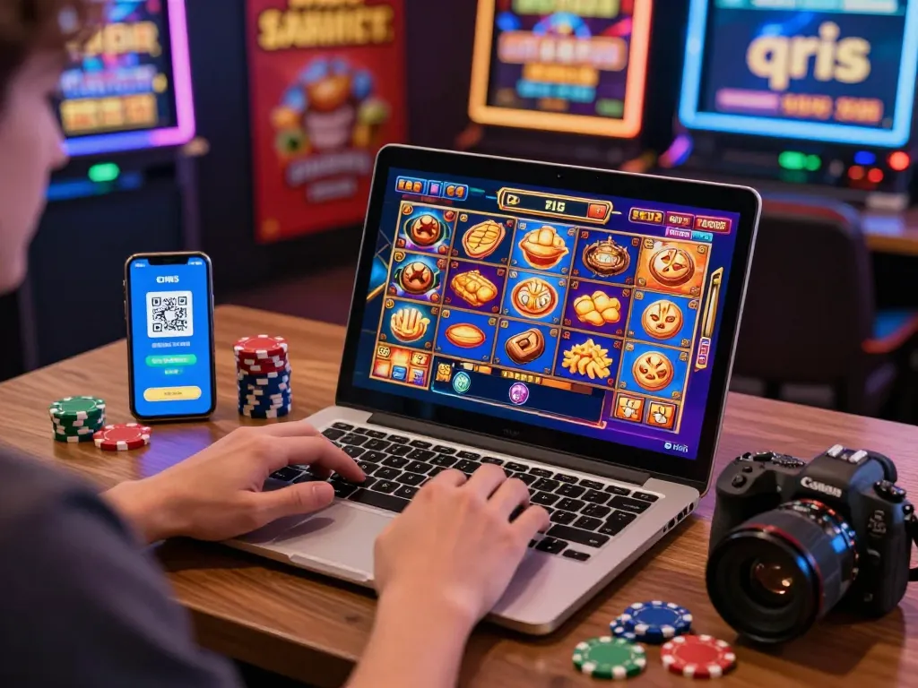 Engaging scene of online gaming featuring slot qris payment options, vibrant slot graphics, and a player enjoying the experience.
