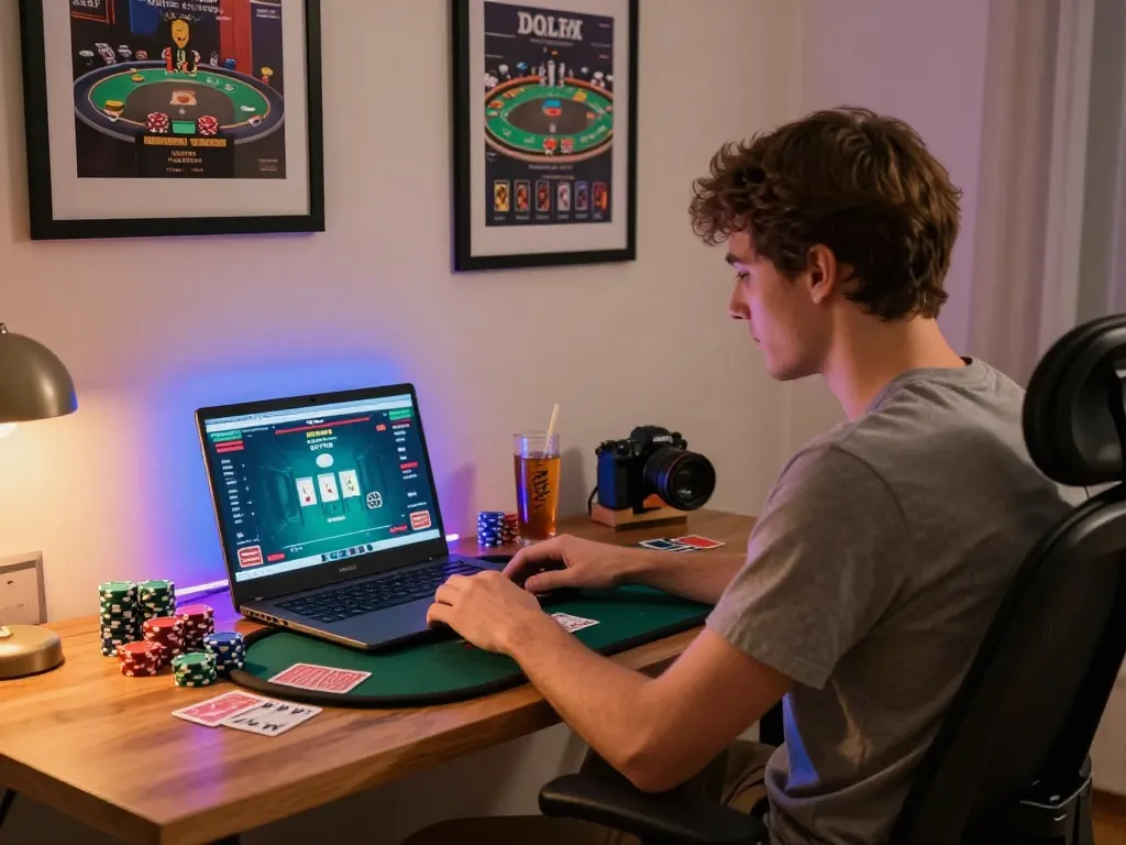 Engaging poker online game scene with player at home, showcasing vibrant atmosphere and excitement.