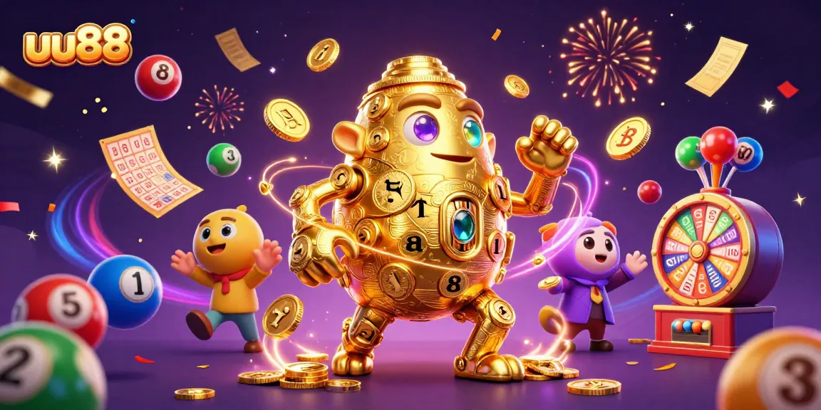 uu88 showcases a vibrant illustration of a golden golem amid casino elements, enhancing game excitement.