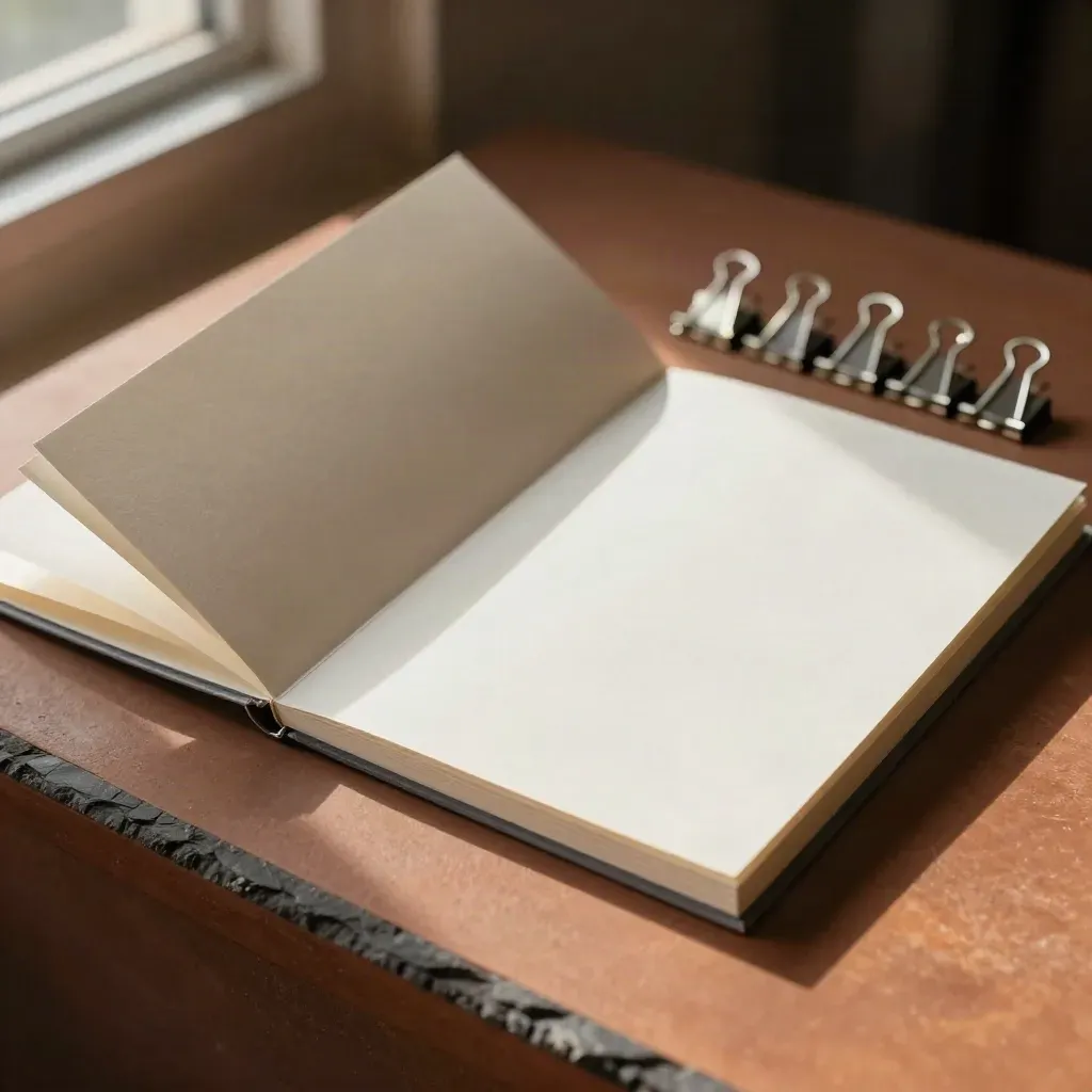 Blank booklets, divider cards, and metal clips on terracotta stone