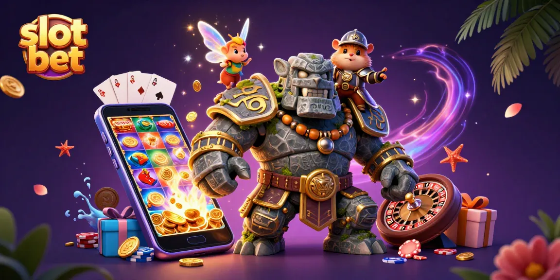 Taruhan slot bet dengan golem penjaga, peri ajaib, dan ksatria hamster, dikelilingi elemen permainan kasino