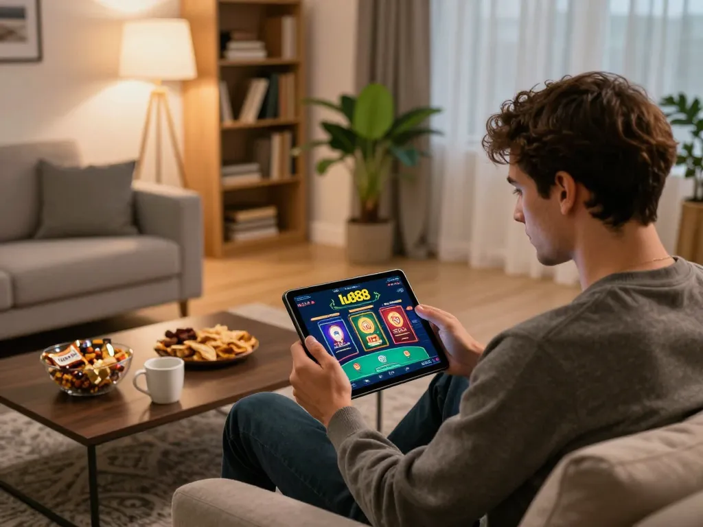Engaging in online gaming with the lu888 casino app on tablet in a cozy living room.