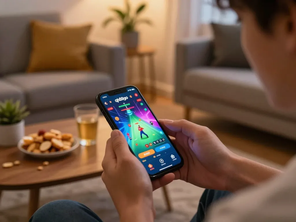 Player enjoying the qh88go casino app on a smartphone in a cozy living room with snacks and warm lighting.
