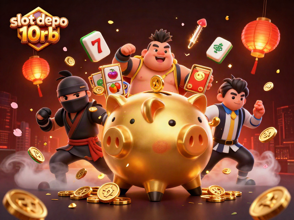Experience excitement with slot depo 10rb as golden coins rain from a piggy bank sumo wrestler in a vibrant casino.