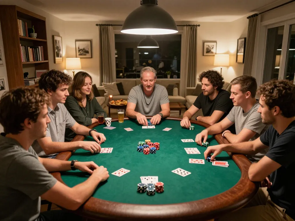 Friends playing poker at home, excitement visible during game session at 98win9.