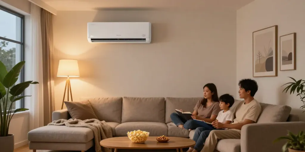 Relaxed family enjoying a movie night with a mini split 12000 BTU air conditioner in a cozy living room.