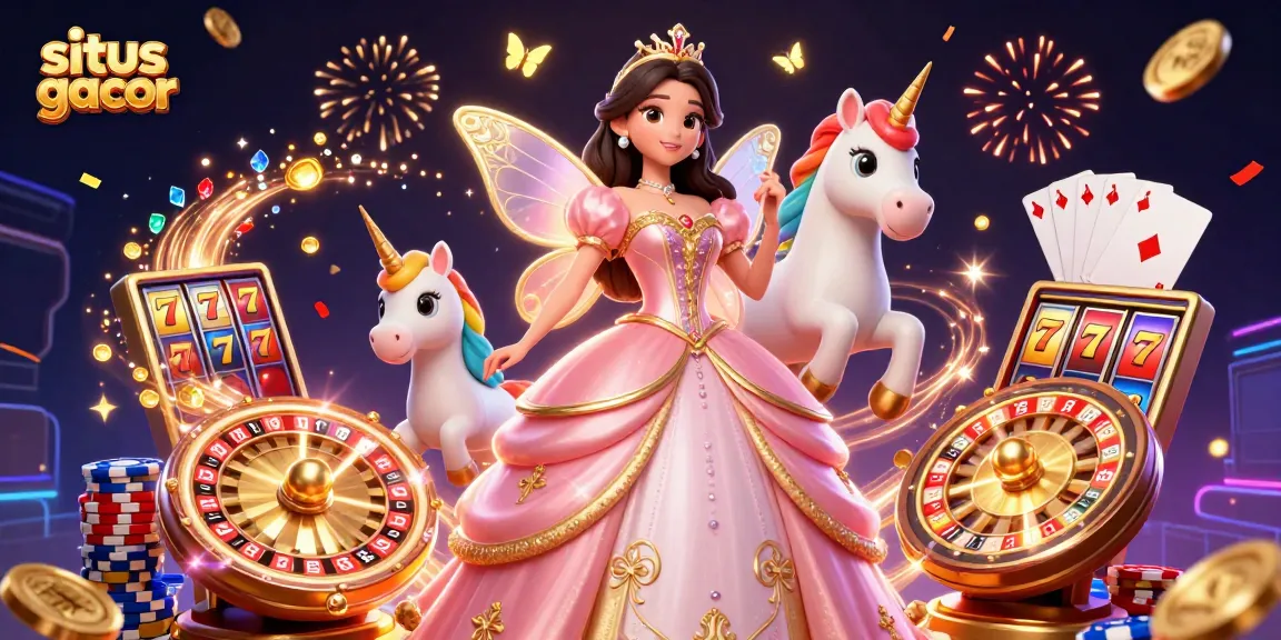 Sparkle and win at situs gacor with cascading slot reels, coins, and vibrant characters!