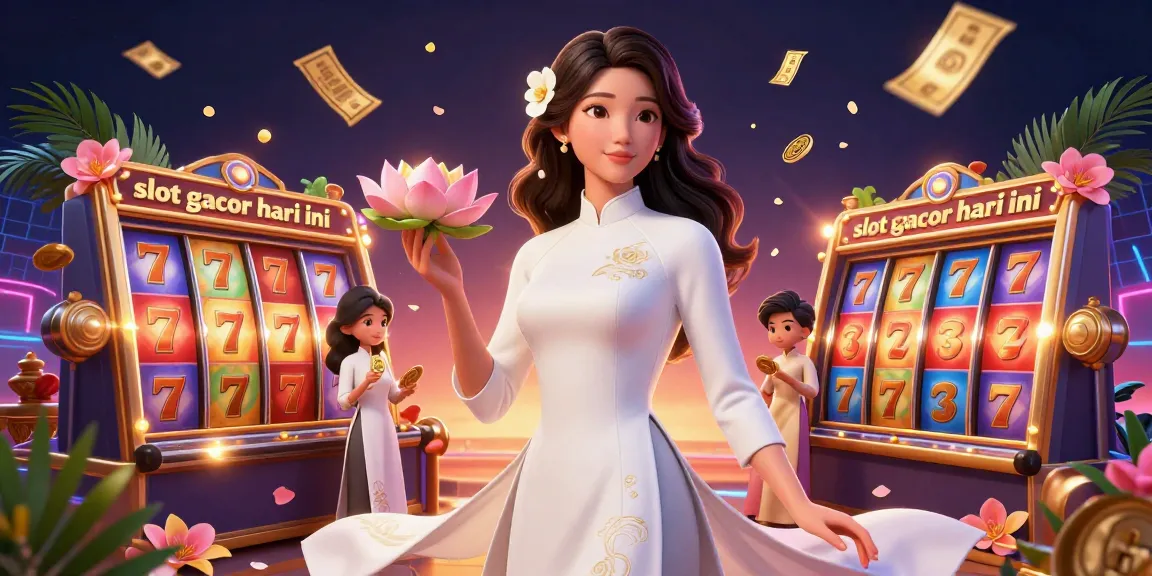 Win big with slot gacor hari ini featuring vibrant slot reels and a serene character in rich 3D illustration.