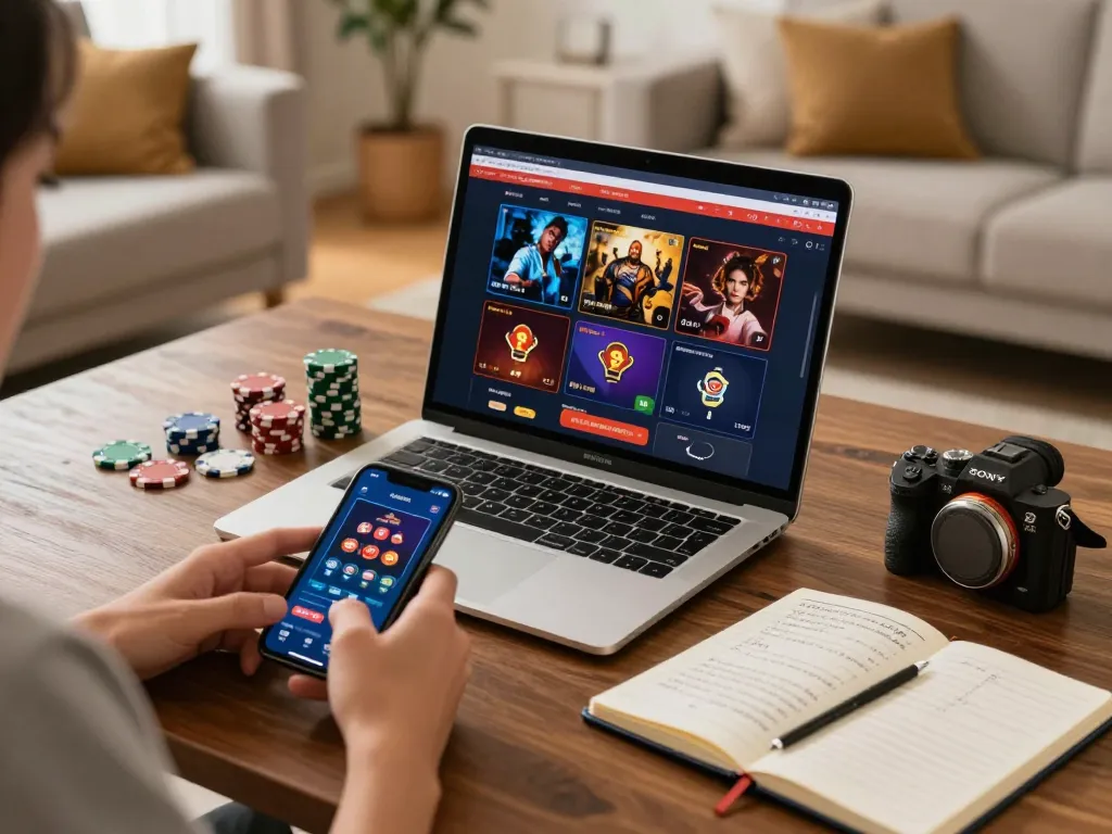 Engaging online gaming experience at home, showcasing đăng ký cm88 on a sleek laptop, inviting atmosphere.