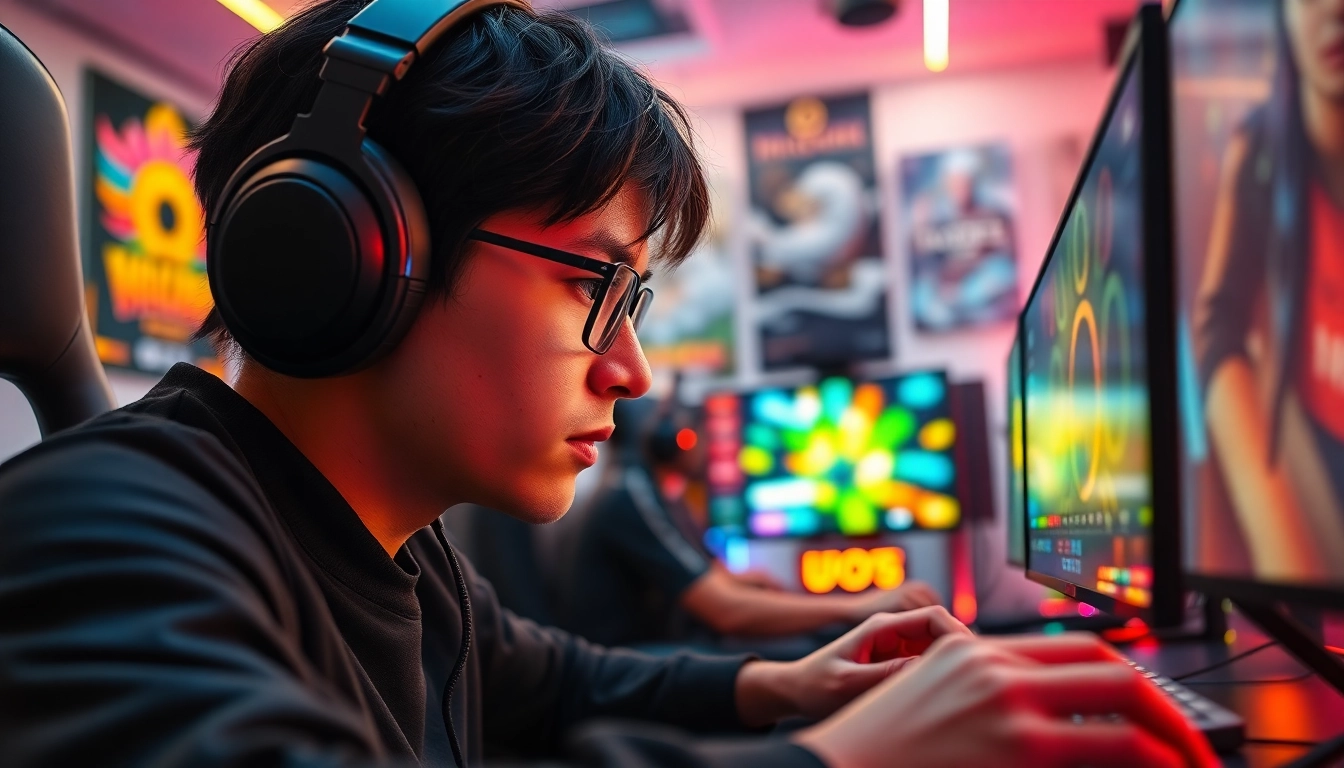 Gamer immersed in yono game displayed on a vibrant computer screen.