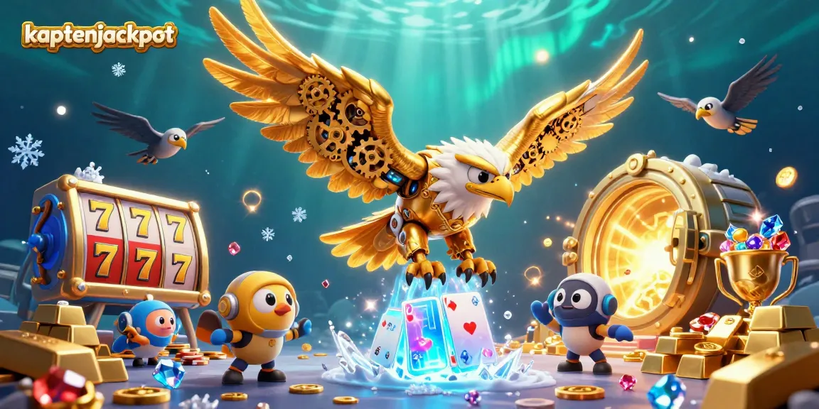 Experience the thrill of kaptenjackpot with a dazzling 3D casino scene featuring gold, treasures, and slot reels.