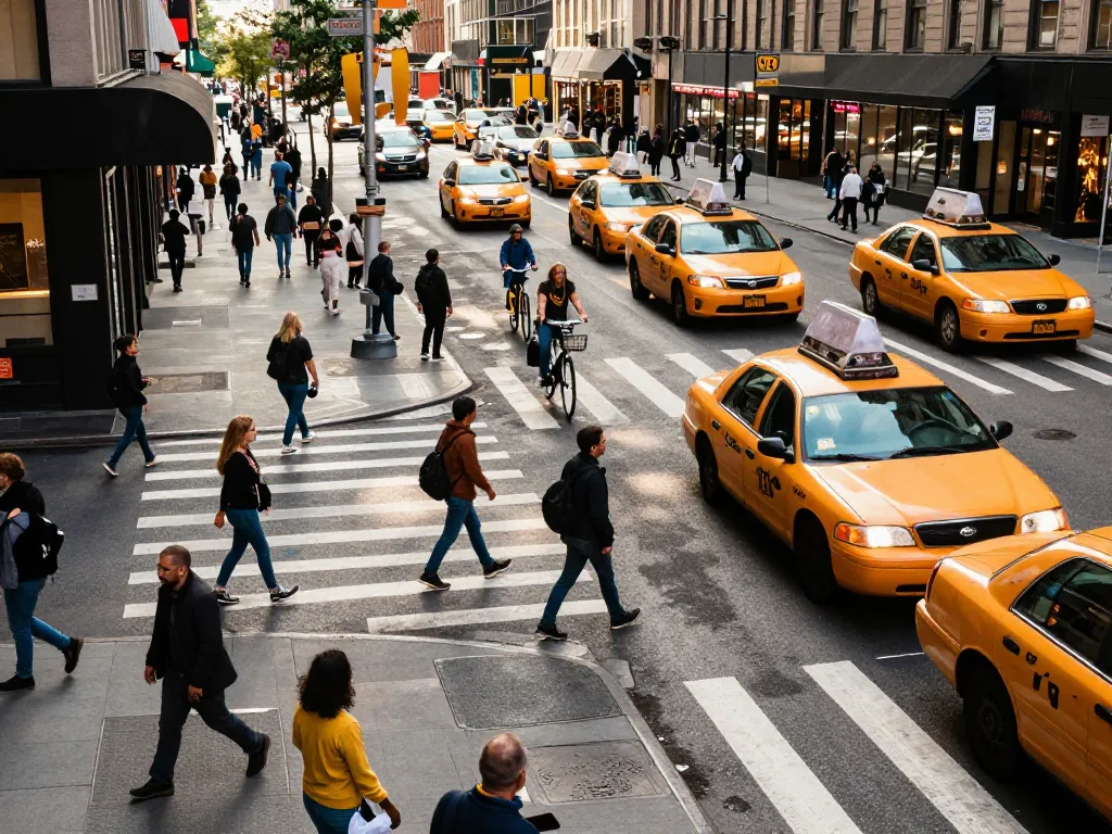 New York City Personal Injury Lawyer assisting pedestrians navigating busy streets, emphasizing safety awareness.