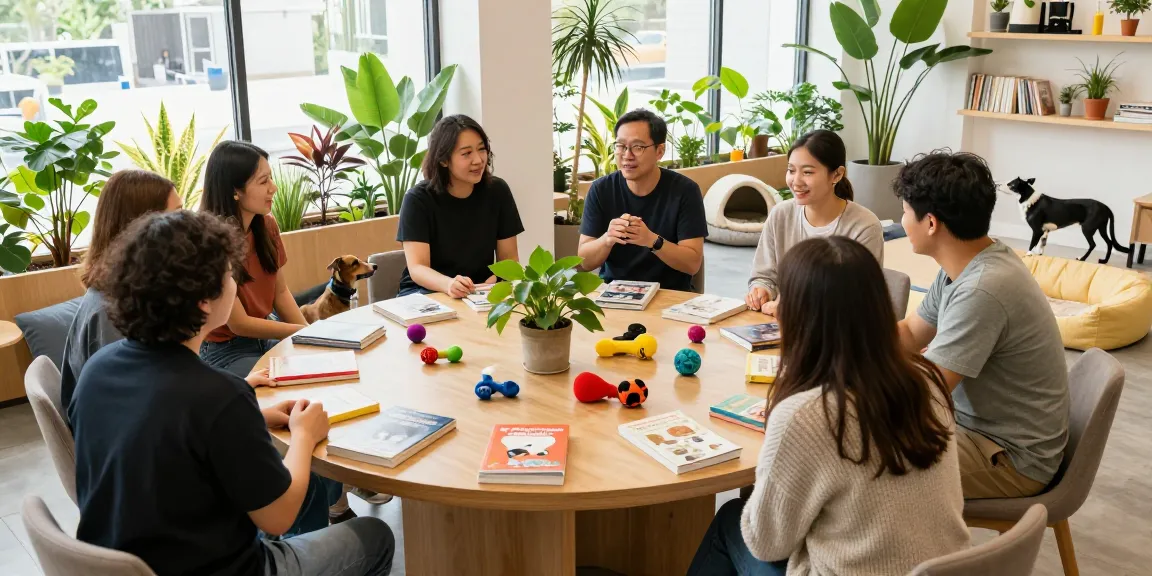 Pet lovers bonding in a welcoming community space discussing tips at https://www.bijousbill.com.