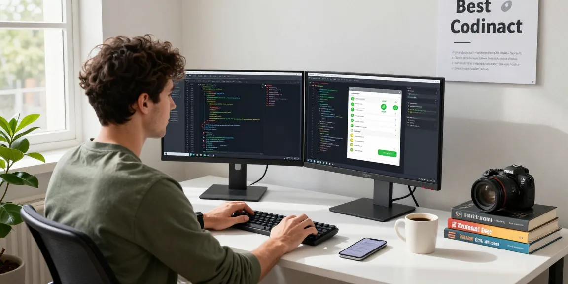 Android developer implementing app architecture patterns in Android (MVI/MVP) at a modern workspace with dual monitors.