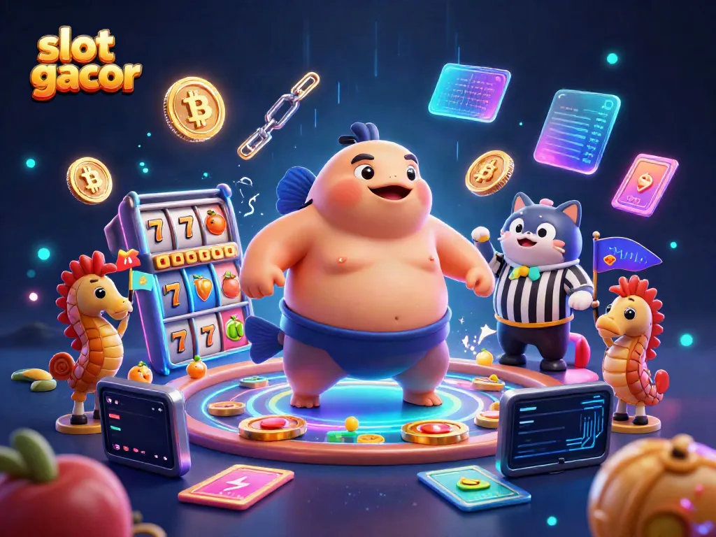 Permainan slot gacor dengan fugu kartun dan simbol jackpot berjalan di latar belakang bawah laut yang menarik.