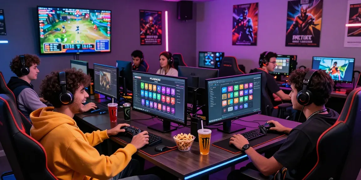 Engaged gamers enjoying PLAYBOOK88 link in a vibrant gaming lounge atmosphere.