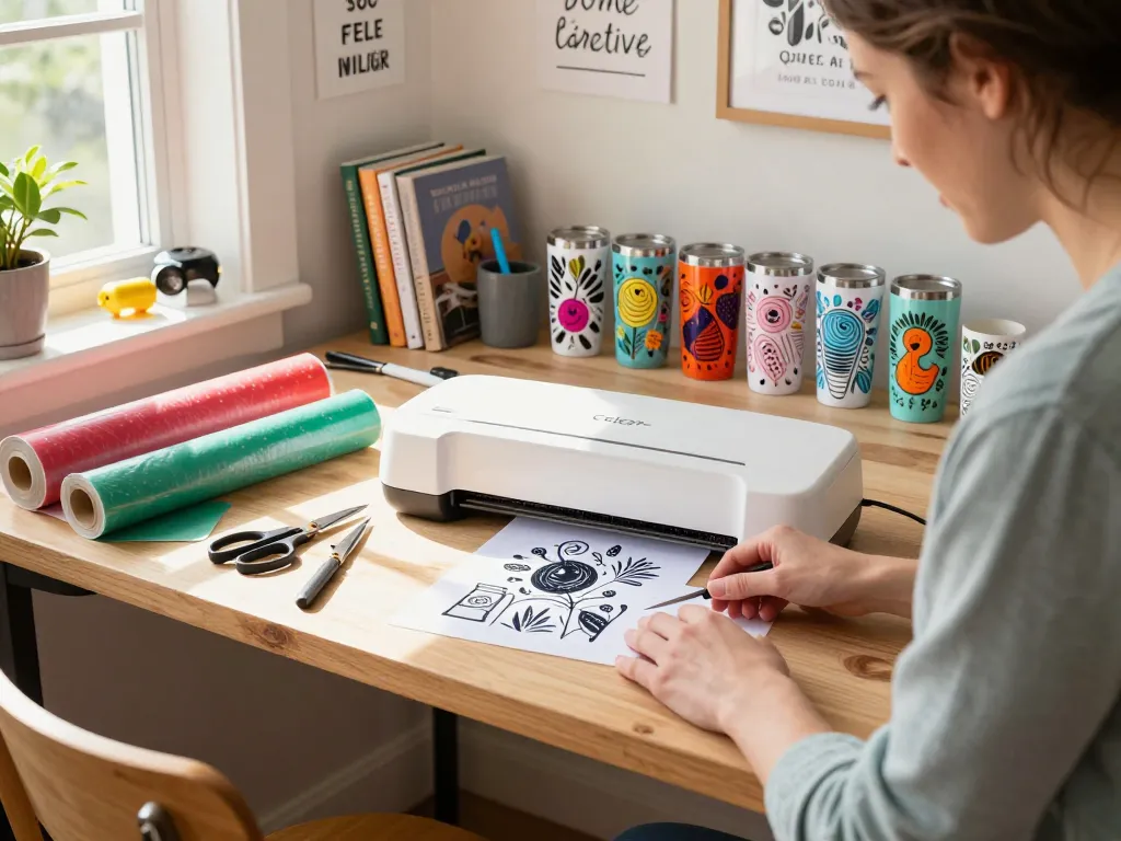 Crafting SVG bundle designs with a Cricut machine in a vibrant workshop