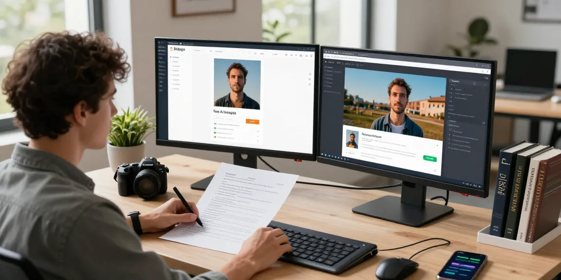 Free AI image detector analysis at a tech workspace, showing detailed results on dual monitors.