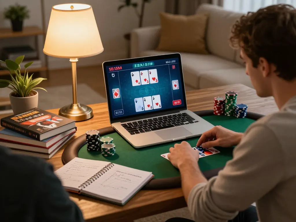 Play poker online at a situs toto with winning strategies in a cozy home setting.