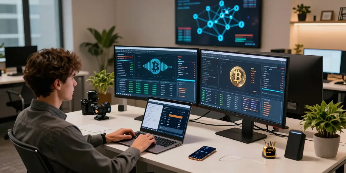 Bitcoin cloud mining workspace with modern tech setup, showcasing cryptocurrency management tools and market data.