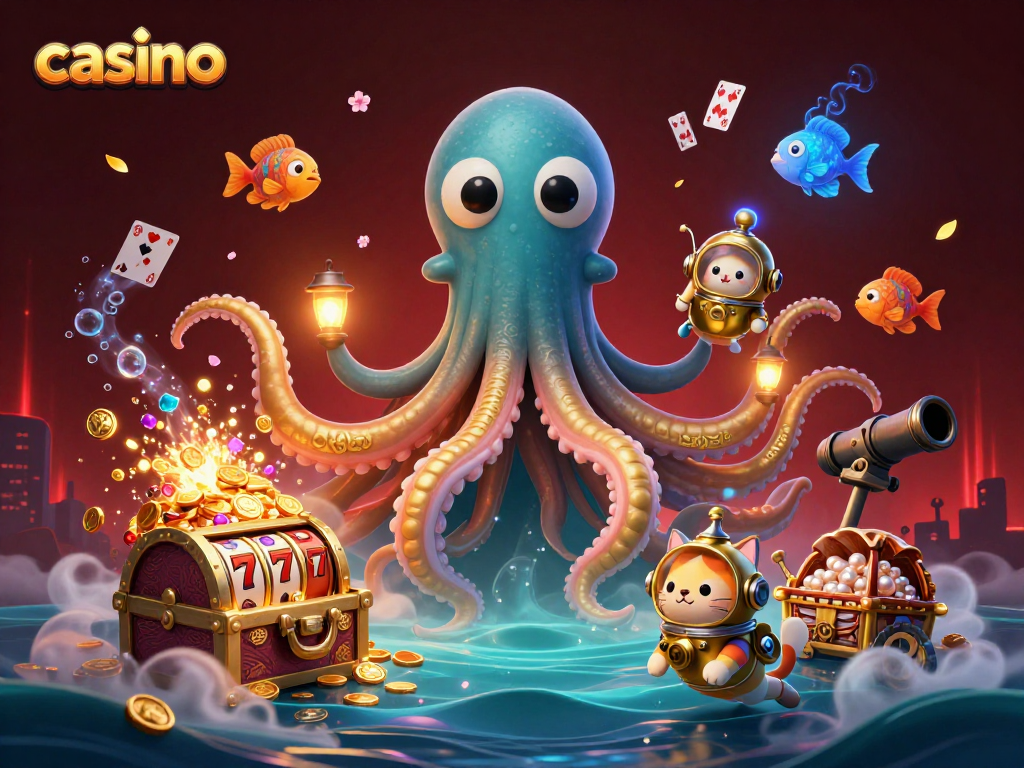 Engage in exciting casino adventures with a whimsical kraken, diving cat, and vibrant ocean treasures.