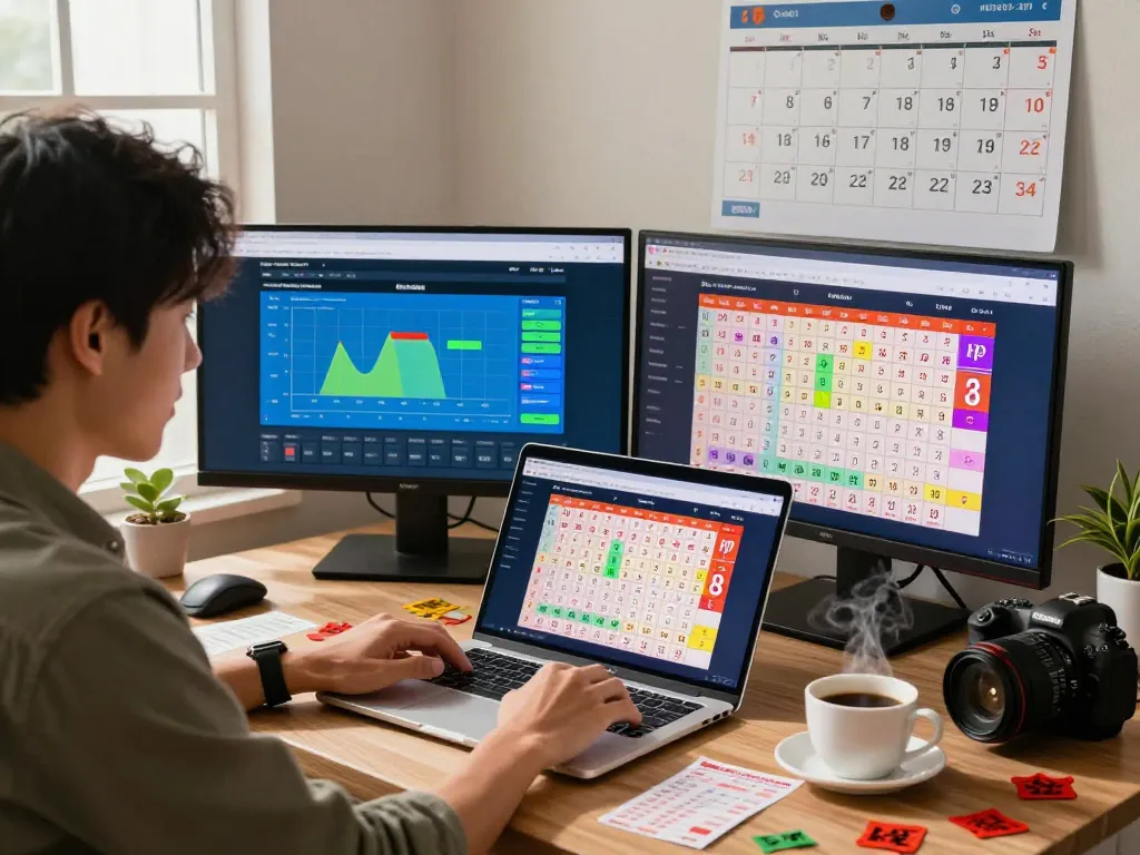 Checking HK Hari Ini lottery results on a laptop in a cozy home office, vibrant data dashboard displayed.