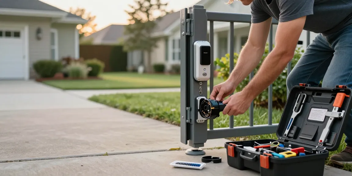Mighty Mule gate opener common problems troubleshooting by homeowner in driveway.