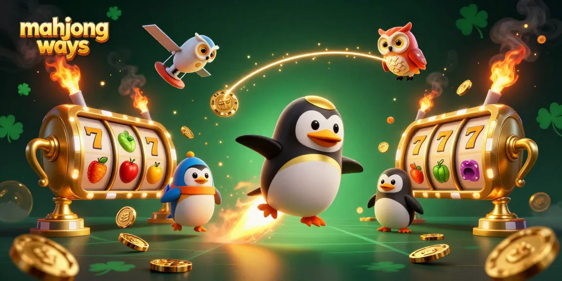Experience mahjong ways in a vibrant and dynamic casino-themed 3D illustration featuring a golden penguin and casino elements.