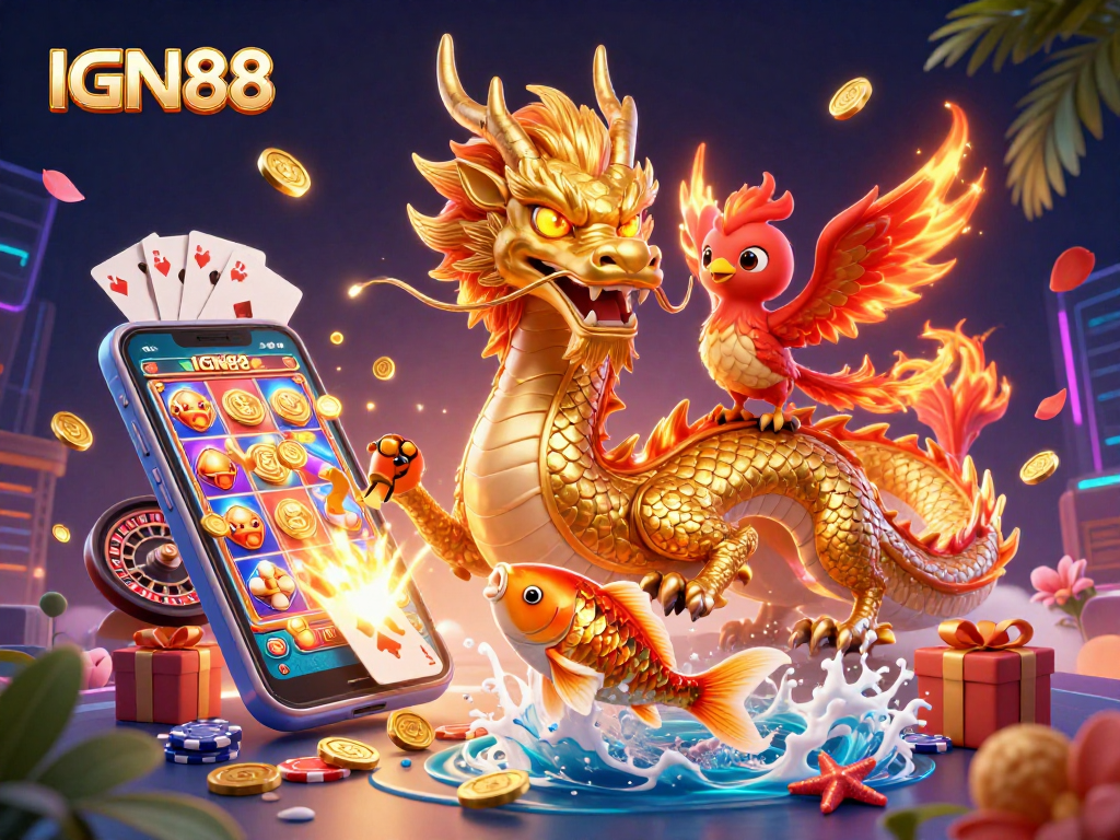 Spin the reels with IGN88 and discover vibrant characters in a captivating 3D casino scene.